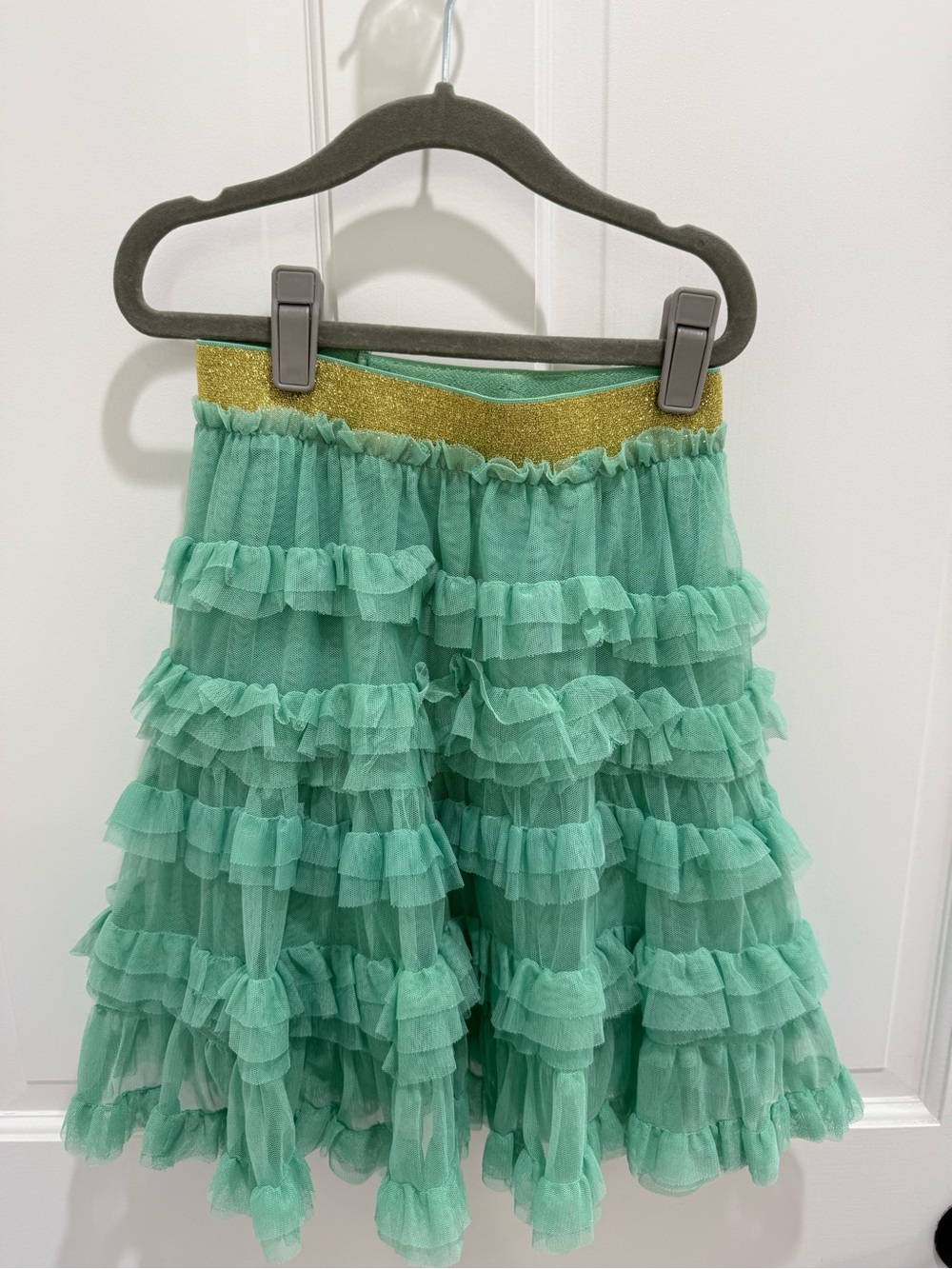 Mini Boden Mint Green Tiered Ruffle Skirt with Gold Waistband